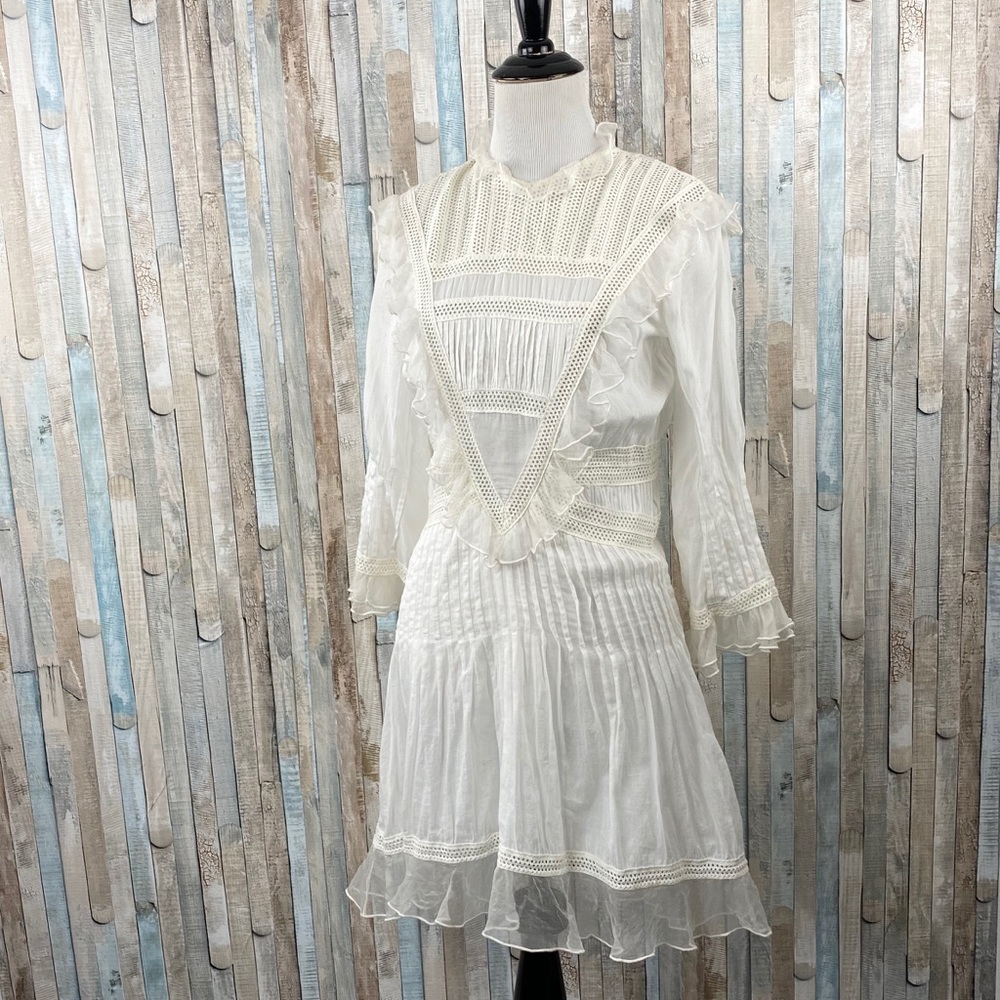 Doen XS Ivory Pleated Ruffle Paix Mini Dress Boho - Picture 2 of 8